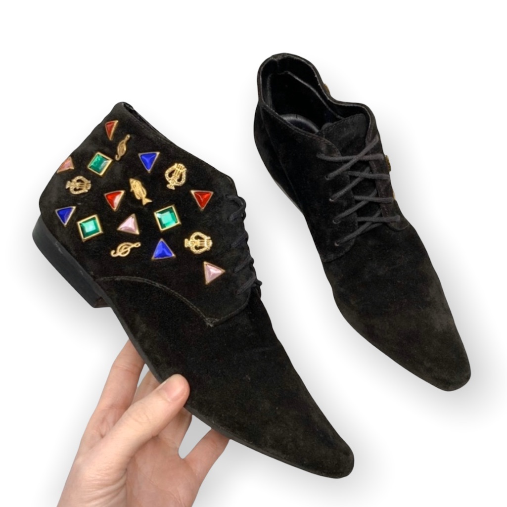 Vtg Jeweled Suede Ankle Boots
